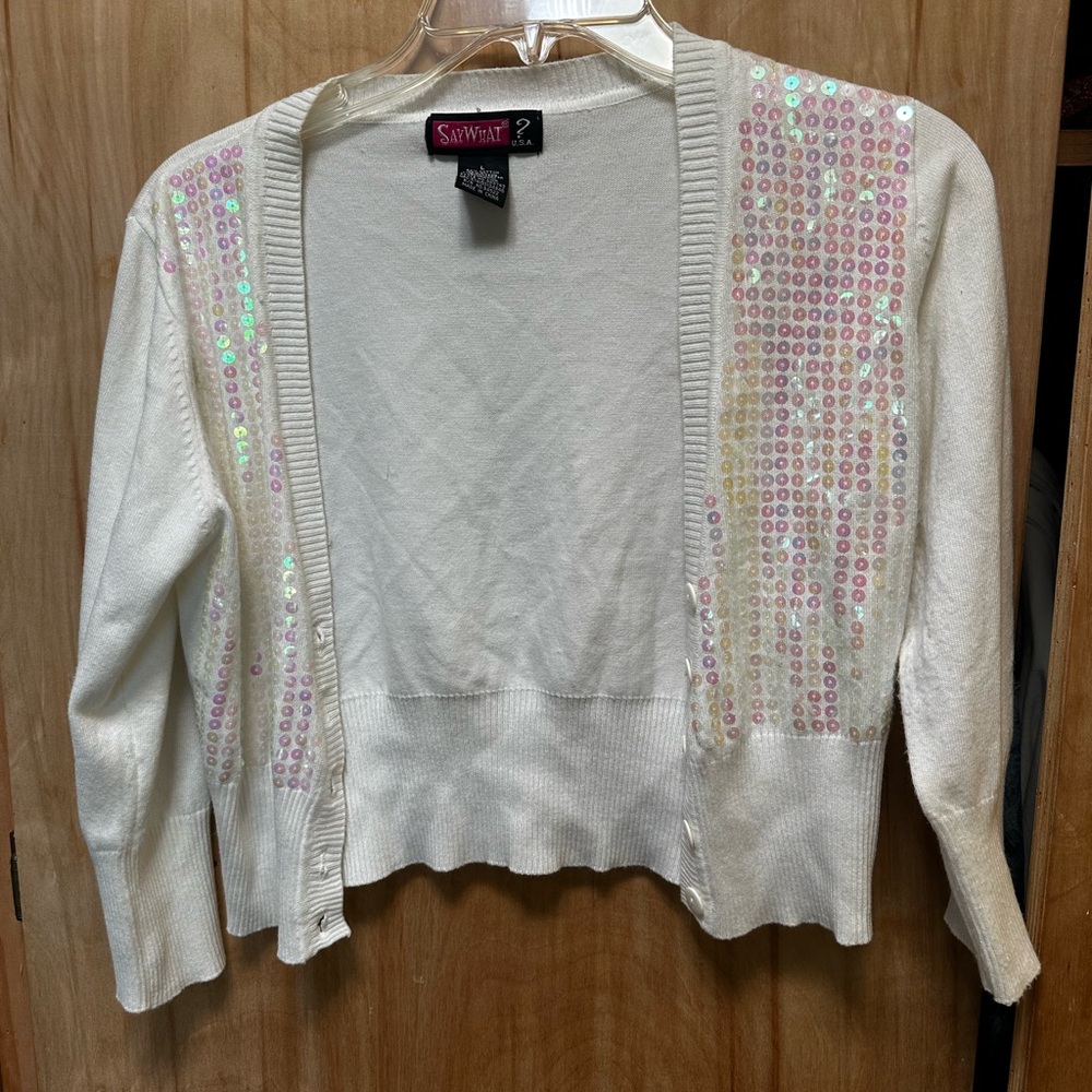 SAY WHAT RETRO 90s cropped sz L Women's White Sequin Open cardigan Sweater